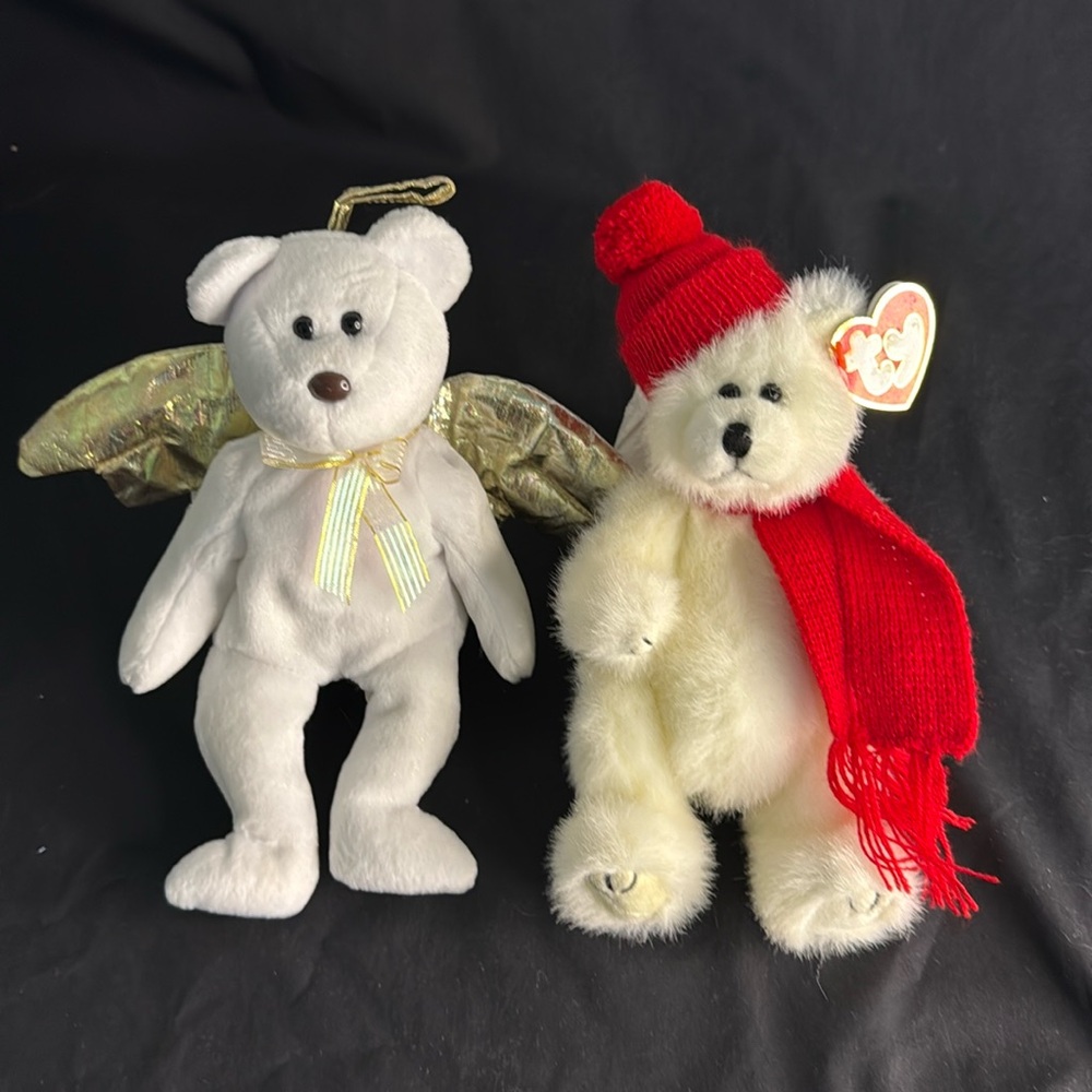 Ty Plush White Bear/Red Scarf and White Angel Bear Plush W/Gold Wings